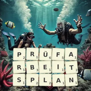 Kreative Illustration für ein Scrabble-Spiel, bei dem das Wort PRÜFARBEITSPLAN mit Steinen auf dem Brett gelegt wurde.