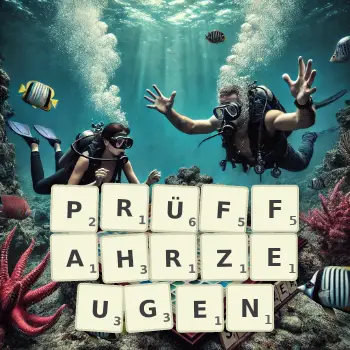 Kreative Illustration für ein Scrabble-Spiel, bei dem das Wort PRÜFFAHRZEUGEN mit Steinen auf dem Brett gelegt wurde.