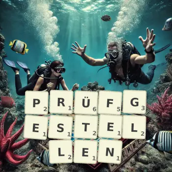 Kreative Illustration für ein Scrabble-Spiel, bei dem das Wort PRÜFGESTELLEN mit Steinen auf dem Brett gelegt wurde.
