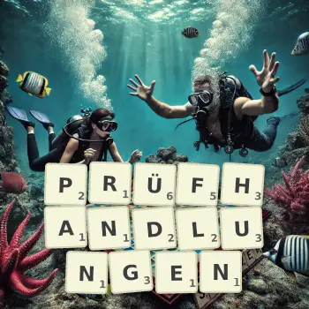 Kreative Illustration für ein Scrabble-Spiel, bei dem das Wort PRÜFHANDLUNGEN mit Steinen auf dem Brett gelegt wurde.