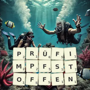 Kreative Illustration für ein Scrabble-Spiel, bei dem das Wort PRÜFIMPFSTOFFEN mit Steinen auf dem Brett gelegt wurde.
