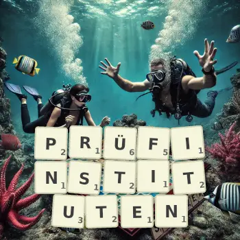Kreative Illustration für ein Scrabble-Spiel, bei dem das Wort PRÜFINSTITUTEN mit Steinen auf dem Brett gelegt wurde.