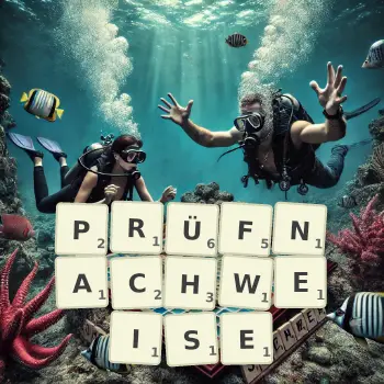 Kreative Illustration für ein Scrabble-Spiel, bei dem das Wort PRÜFNACHWEISE mit Steinen auf dem Brett gelegt wurde.