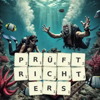 Kreative Illustration für ein Scrabble-Spiel, bei dem das Wort PRÜFTRICHTERS mit Steinen auf dem Brett gelegt wurde.