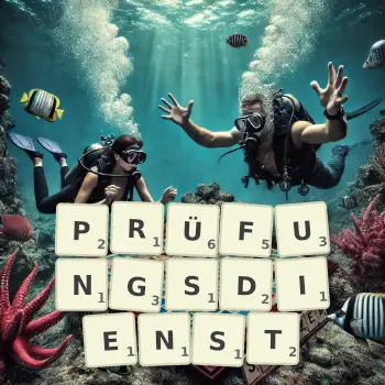 Kreative Illustration für ein Scrabble-Spiel, bei dem das Wort PRÜFUNGSDIENST mit Steinen auf dem Brett gelegt wurde.