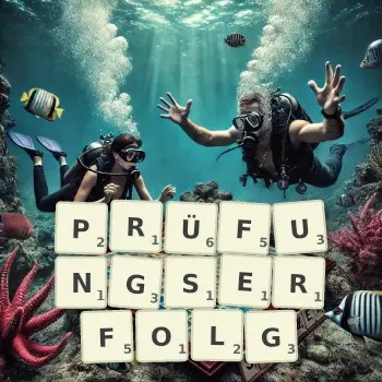 Kreative Illustration für ein Scrabble-Spiel, bei dem das Wort PRÜFUNGSERFOLG mit Steinen auf dem Brett gelegt wurde.