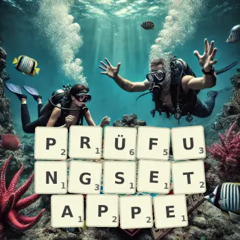 Kreative Illustration für ein Scrabble-Spiel, bei dem das Wort PRÜFUNGSETAPPE mit Steinen auf dem Brett gelegt wurde.