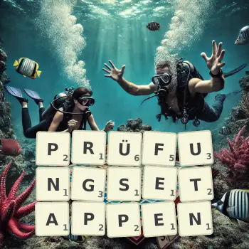 Kreative Illustration für ein Scrabble-Spiel, bei dem das Wort PRÜFUNGSETAPPEN mit Steinen auf dem Brett gelegt wurde.