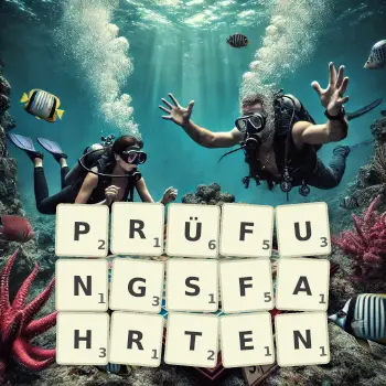 Kreative Illustration für ein Scrabble-Spiel, bei dem das Wort PRÜFUNGSFAHRTEN mit Steinen auf dem Brett gelegt wurde.