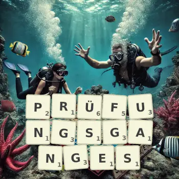Kreative Illustration für ein Scrabble-Spiel, bei dem das Wort PRÜFUNGSGANGES mit Steinen auf dem Brett gelegt wurde.