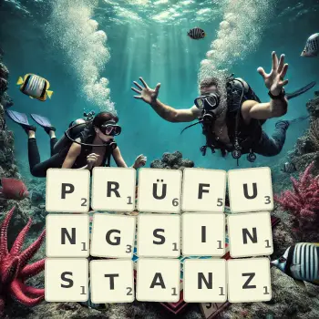 Kreative Illustration für ein Scrabble-Spiel, bei dem das Wort PRÜFUNGSINSTANZ mit Steinen auf dem Brett gelegt wurde.