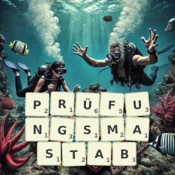 Kreative Illustration für ein Scrabble-Spiel, bei dem das Wort PRÜFUNGSMASTAB mit Steinen auf dem Brett gelegt wurde.