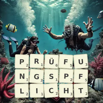 Kreative Illustration für ein Scrabble-Spiel, bei dem das Wort PRÜFUNGSPFLICHT mit Steinen auf dem Brett gelegt wurde.