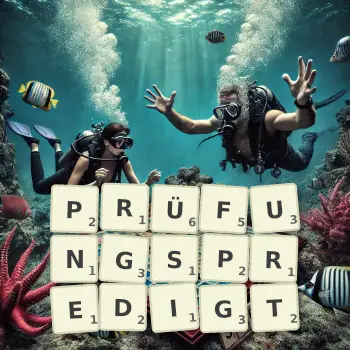 Kreative Illustration für ein Scrabble-Spiel, bei dem das Wort PRÜFUNGSPREDIGT mit Steinen auf dem Brett gelegt wurde.