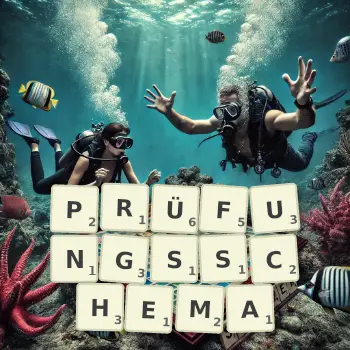 Kreative Illustration für ein Scrabble-Spiel, bei dem das Wort PRÜFUNGSSCHEMA mit Steinen auf dem Brett gelegt wurde.