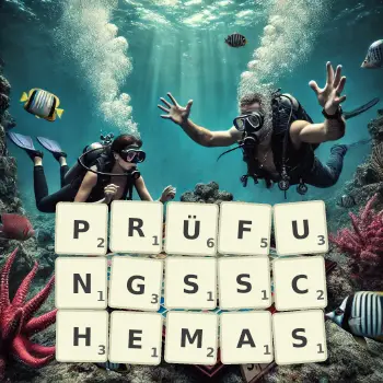 Kreative Illustration für ein Scrabble-Spiel, bei dem das Wort PRÜFUNGSSCHEMAS mit Steinen auf dem Brett gelegt wurde.