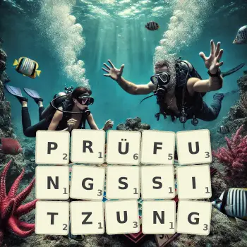 Kreative Illustration für ein Scrabble-Spiel, bei dem das Wort PRÜFUNGSSITZUNG mit Steinen auf dem Brett gelegt wurde.