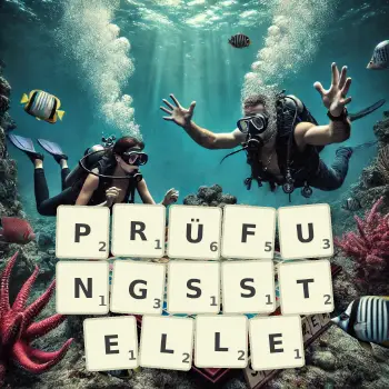 Kreative Illustration für ein Scrabble-Spiel, bei dem das Wort PRÜFUNGSSTELLE mit Steinen auf dem Brett gelegt wurde.