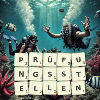 Kreative Illustration für ein Scrabble-Spiel, bei dem das Wort PRÜFUNGSSTELLEN mit Steinen auf dem Brett gelegt wurde.