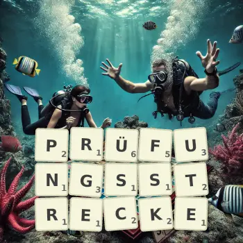 Kreative Illustration für ein Scrabble-Spiel, bei dem das Wort PRÜFUNGSSTRECKE mit Steinen auf dem Brett gelegt wurde.