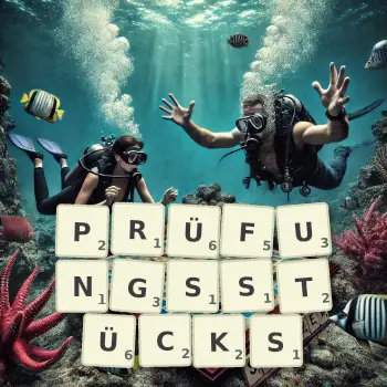 Kreative Illustration für ein Scrabble-Spiel, bei dem das Wort PRÜFUNGSSTÜCKS mit Steinen auf dem Brett gelegt wurde.
