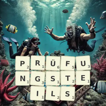Kreative Illustration für ein Scrabble-Spiel, bei dem das Wort PRÜFUNGSTEILS mit Steinen auf dem Brett gelegt wurde.