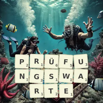 Kreative Illustration für ein Scrabble-Spiel, bei dem das Wort PRÜFUNGSWARTE mit Steinen auf dem Brett gelegt wurde.