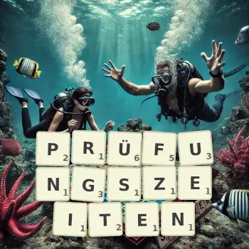 Kreative Illustration für ein Scrabble-Spiel, bei dem das Wort PRÜFUNGSZEITEN mit Steinen auf dem Brett gelegt wurde.