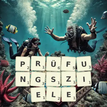 Kreative Illustration für ein Scrabble-Spiel, bei dem das Wort PRÜFUNGSZIELE mit Steinen auf dem Brett gelegt wurde.