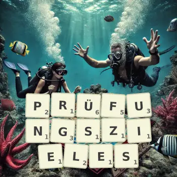 Kreative Illustration für ein Scrabble-Spiel, bei dem das Wort PRÜFUNGSZIELES mit Steinen auf dem Brett gelegt wurde.