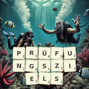 Kreative Illustration für ein Scrabble-Spiel, bei dem das Wort PRÜFUNGSZIELS mit Steinen auf dem Brett gelegt wurde.