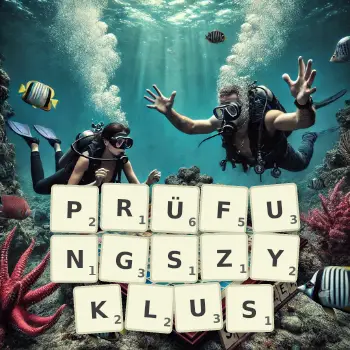 Kreative Illustration für ein Scrabble-Spiel, bei dem das Wort PRÜFUNGSZYKLUS mit Steinen auf dem Brett gelegt wurde.