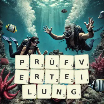 Kreative Illustration für ein Scrabble-Spiel, bei dem das Wort PRÜFVERTEILUNG mit Steinen auf dem Brett gelegt wurde.