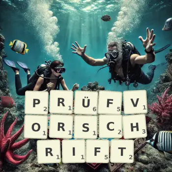 Kreative Illustration für ein Scrabble-Spiel, bei dem das Wort PRÜFVORSCHRIFT mit Steinen auf dem Brett gelegt wurde.