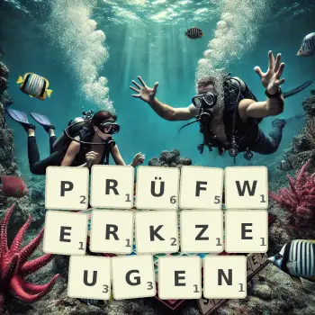 Kreative Illustration für ein Scrabble-Spiel, bei dem das Wort PRÜFWERKZEUGEN mit Steinen auf dem Brett gelegt wurde.