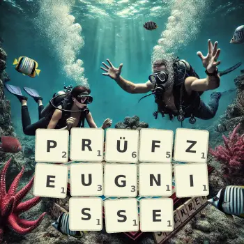 Kreative Illustration für ein Scrabble-Spiel, bei dem das Wort PRÜFZEUGNISSE mit Steinen auf dem Brett gelegt wurde.