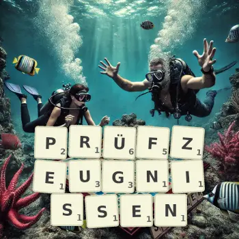 Kreative Illustration für ein Scrabble-Spiel, bei dem das Wort PRÜFZEUGNISSEN mit Steinen auf dem Brett gelegt wurde.