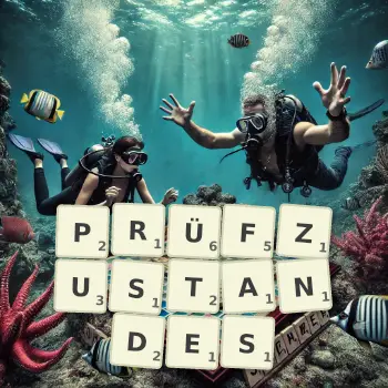 Kreative Illustration für ein Scrabble-Spiel, bei dem das Wort PRÜFZUSTANDES mit Steinen auf dem Brett gelegt wurde.