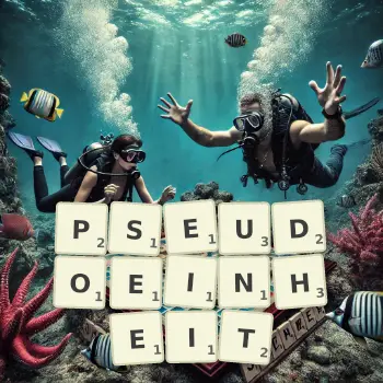 Kreative Illustration für ein Scrabble-Spiel, bei dem das Wort PSEUDOEINHEIT mit Steinen auf dem Brett gelegt wurde.