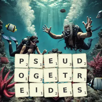 Kreative Illustration für ein Scrabble-Spiel, bei dem das Wort PSEUDOGETREIDES mit Steinen auf dem Brett gelegt wurde.
