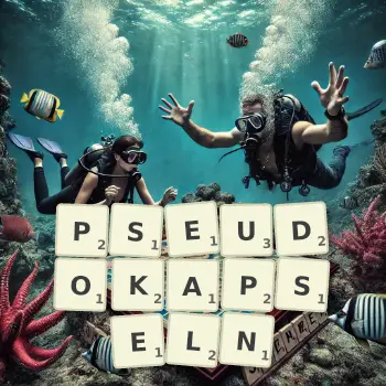 Kreative Illustration für ein Scrabble-Spiel, bei dem das Wort PSEUDOKAPSELN mit Steinen auf dem Brett gelegt wurde.