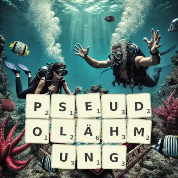 Kreative Illustration für ein Scrabble-Spiel, bei dem das Wort PSEUDOLÄHMUNG mit Steinen auf dem Brett gelegt wurde.