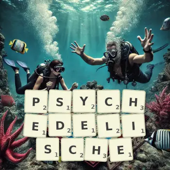 Kreative Illustration für ein Scrabble-Spiel, bei dem das Wort PSYCHEDELISCHE mit Steinen auf dem Brett gelegt wurde.