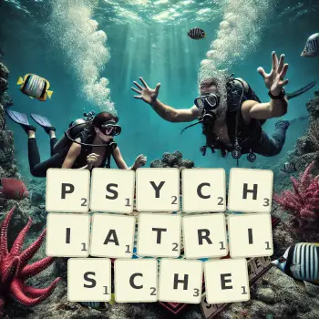 Kreative Illustration für ein Scrabble-Spiel, bei dem das Wort PSYCHIATRISCHE mit Steinen auf dem Brett gelegt wurde.