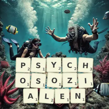 Kreative Illustration für ein Scrabble-Spiel, bei dem das Wort PSYCHOSOZIALEN mit Steinen auf dem Brett gelegt wurde.