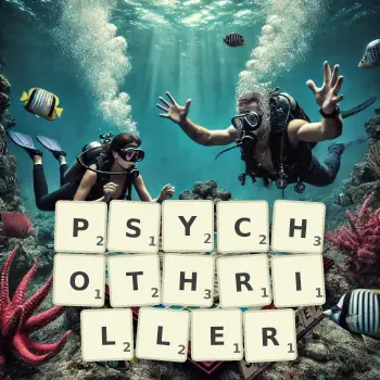 Kreative Illustration für ein Scrabble-Spiel, bei dem das Wort PSYCHOTHRILLER mit Steinen auf dem Brett gelegt wurde.