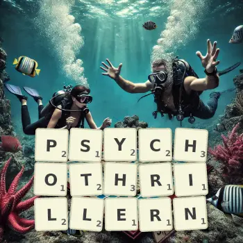 Kreative Illustration für ein Scrabble-Spiel, bei dem das Wort PSYCHOTHRILLERN mit Steinen auf dem Brett gelegt wurde.