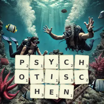 Kreative Illustration für ein Scrabble-Spiel, bei dem das Wort PSYCHOTISCHEN mit Steinen auf dem Brett gelegt wurde.
