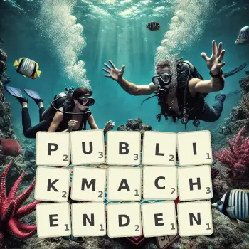 Kreative Illustration für ein Scrabble-Spiel, bei dem das Wort PUBLIKMACHENDEN mit Steinen auf dem Brett gelegt wurde.