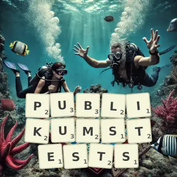 Kreative Illustration für ein Scrabble-Spiel, bei dem das Wort PUBLIKUMSTESTS mit Steinen auf dem Brett gelegt wurde.
